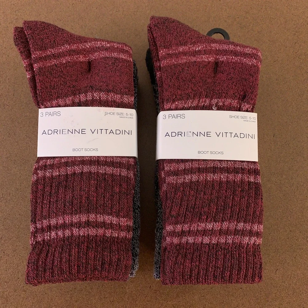 Adrienne Vittadini Women's Shoe Size 5-10 Wine‎ Striped Boot Socks 6 Pairs NWT